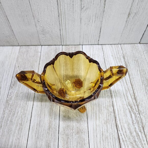 Vintage MCM Amber Pressed Glass Footed Crown Top Dish Bowl with Two Handle - Picture 5 of 9
